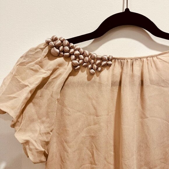 Ted Baker Silk Nude Pink Ruffle Puff Short Sleeve Semi Sheer Drop Waist Blouse - Picture 8 of 8